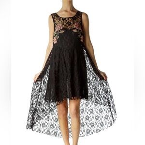 Free People Black Lace Knitted Floral High-Low Day Dress with floral embroidery